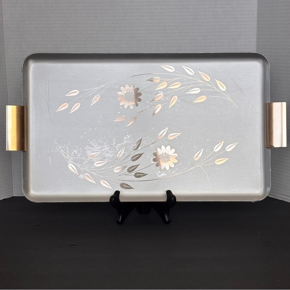 Vintage W.J. Hughes Genuine Cornflower Etched Metal Silver Toned Tray w/Handles